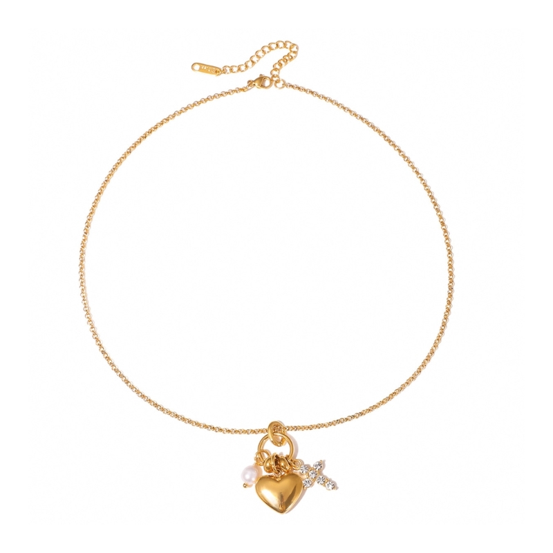 Women Accessories Meaning - Regulowany łańcuszek serce krucyfiks perły naszyjnik